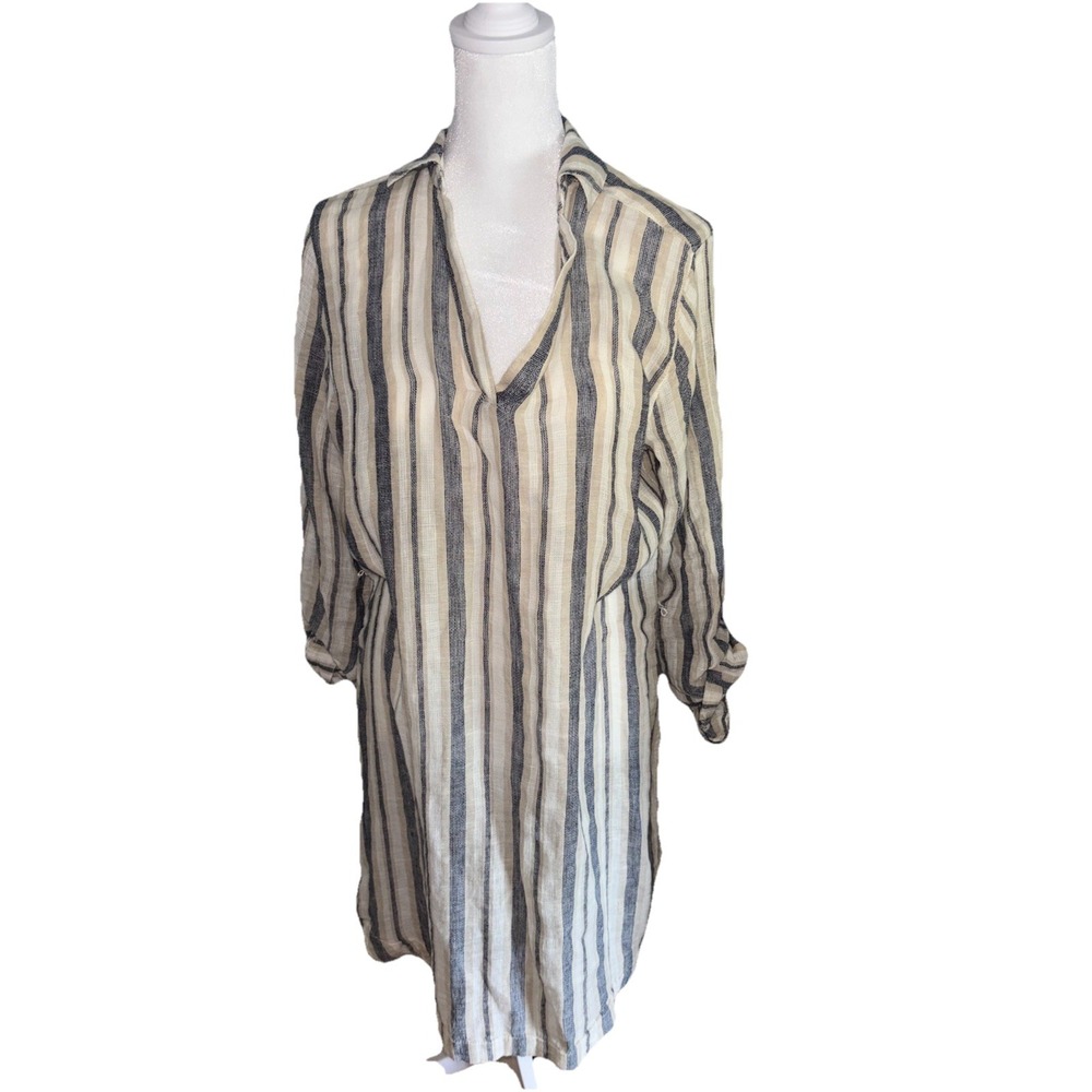 Sonoma woman's Linen dress Medium Roll Sleeve Beach Blue Stripe Boyfriend Shirt